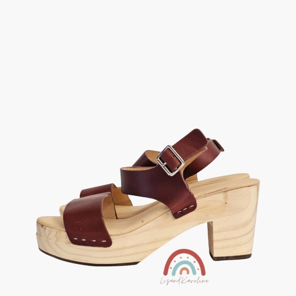 New! Nisolo All Day Open Toe Clog Leather Wood Chunky Platform Sandals in Brandy - Picture 5 of 16